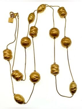 Vintage Anne Klein 36” Matte Gold Tone Station Necklace 1980s Sculptural Beads
